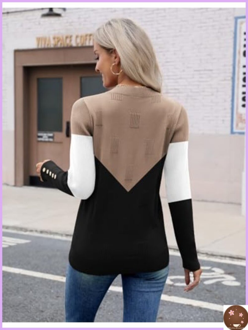 Women's V-Neck Lightweight Pullover Sweater with Buttons & Ribbed Knit Pattern - Picture 3 of 6